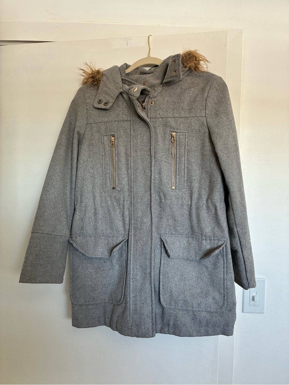 Women's Gray Wool-Blend Hooded Coat with Faux-Fur Trim